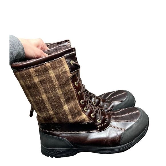 Ugg Australia leather butte shearling lined brown wool plaid snow boots - Picture 6 of 13